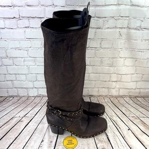 Miu Miu Brown leather gold studded buckle knee high boots , women US 8